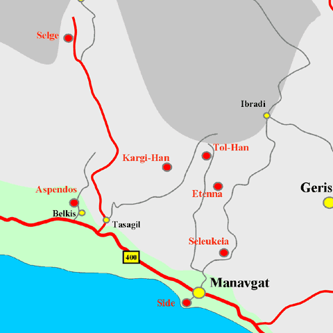 Anfahrtskarte der Karawanserei Kargi-Han in Pamphylien