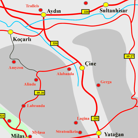 Anfahrtskarte von Alabanda in Karien
