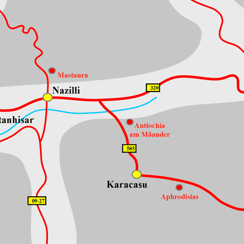 Anfahrtskarte von Antiochia ad Maeandrum in Karien