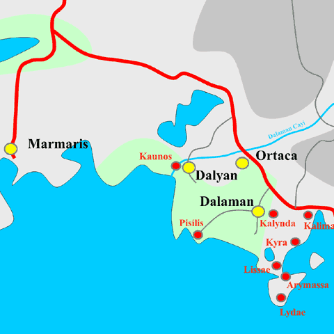 Anfahrtskarte von Kaunos in Karien