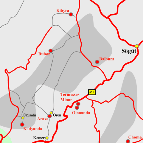 Anfahrtskarte von Kibyra in Karien