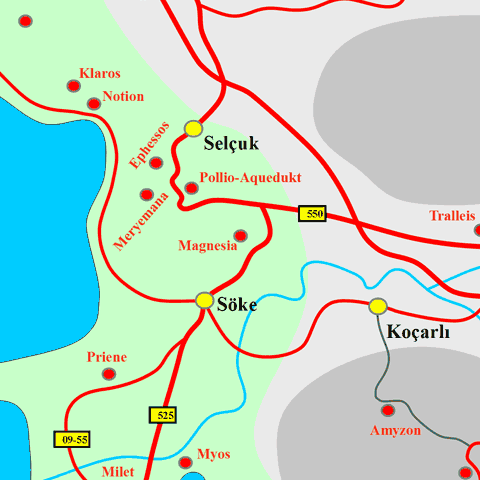 Anfahrtskarte von Magnesia in Karien