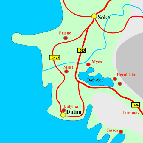 Anfahrtskarte von Milet in Karien