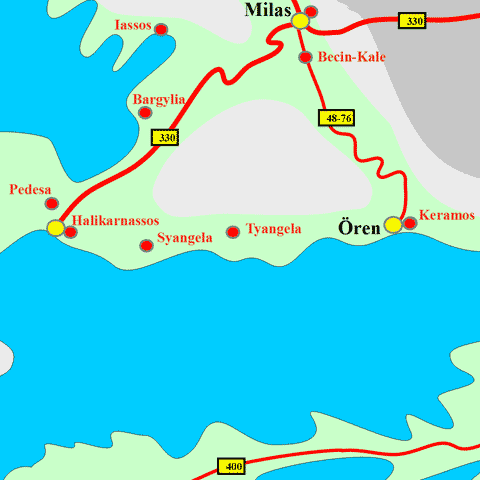 Anfahrtskarte von Tyangela in Karien
