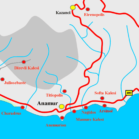 Anfahrtskarte von Nagidos in Kilikien