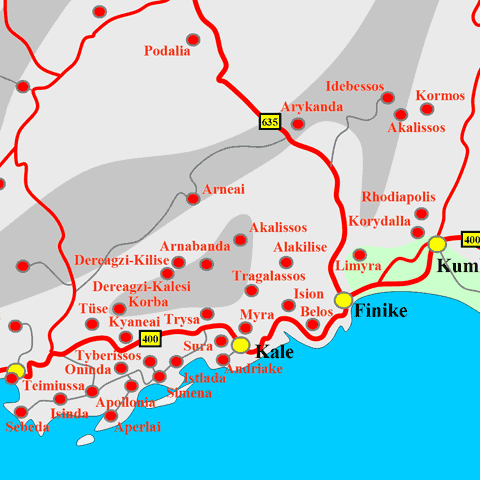 Anfahrtskarte von Akalissos in Lykien