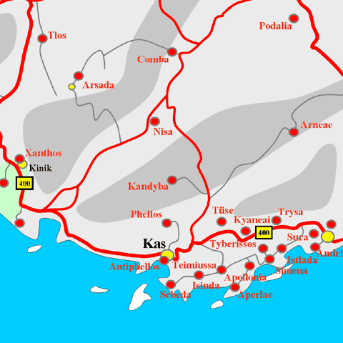 Anfahrtskarte von Antiphellos in Lykien