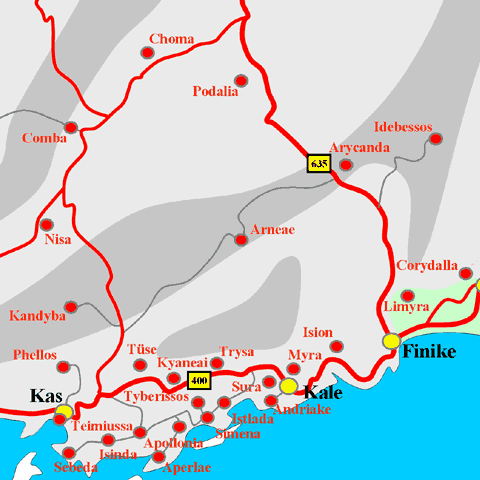 Anfahrtskarte von Arneai in Lykien
