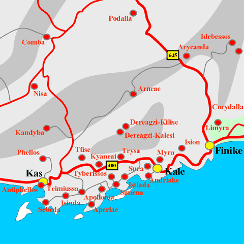 Anfahrtskarte von Dereagzi-Kalesi in Lykien