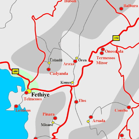 Anfahrtskarte von Kadyanda in Lykien