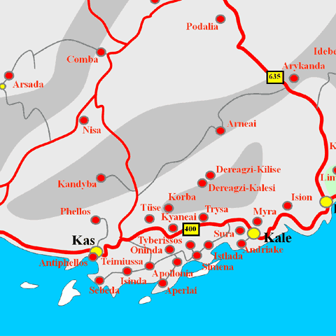 Anfahrtskarte von Korba in Lykien