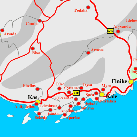 Anfahrtskarte von Kyaneai in Lykien
