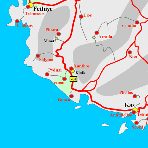 Anfahrtskarte von Letoon in Lykien
