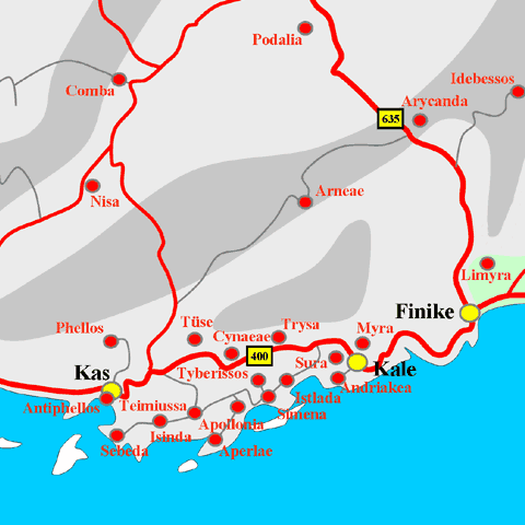 Anfahrtskarte von Teimiussa in Lykien