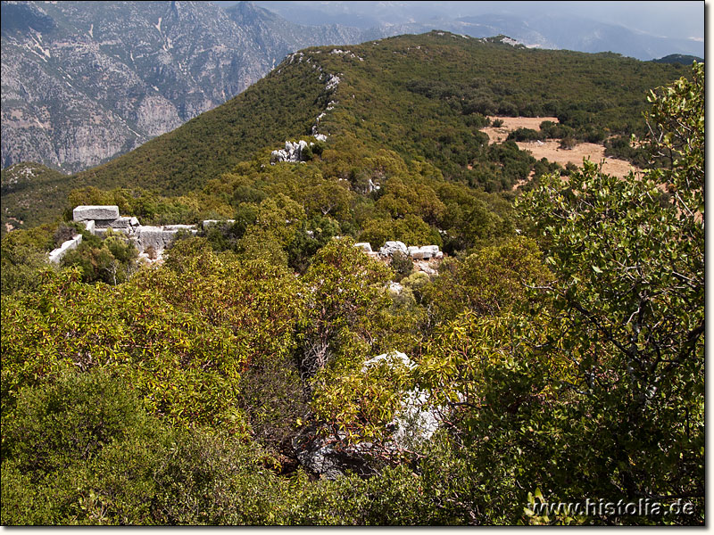 Trysa in Lykien - Blick vom Burgberg über das Heroon ins Myros-Tal (Demre-Çay)