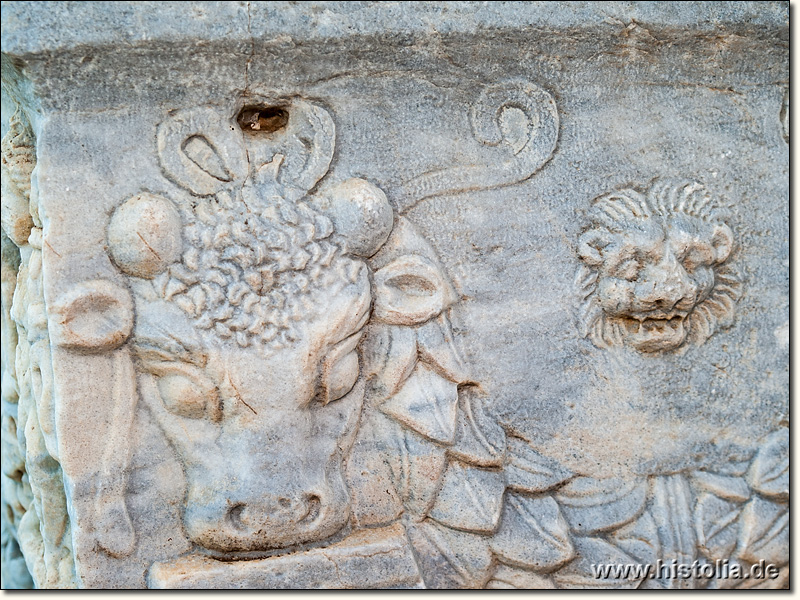 Museum von Anamur - Verzierungen (Bulle und Löwe) auf einem Marmor-Sarkophag