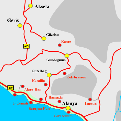 Anfahrtskarte von Kasai in Pamphylien