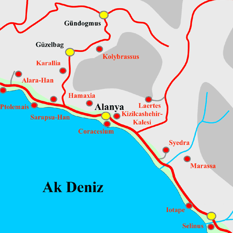 Anfahrtskarte von Kizilcasehir-Kalesi in Pamphylien