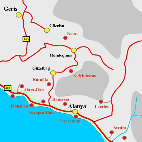 Anfahrtskarte von Kolybrassos in Pamphylien