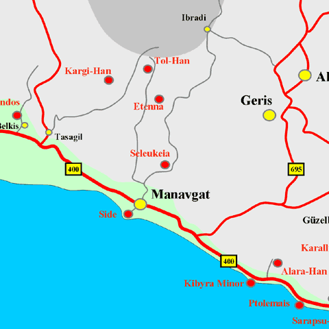 Anfahrtskarte von Seleukeia, Lyrbe in Pamphylien