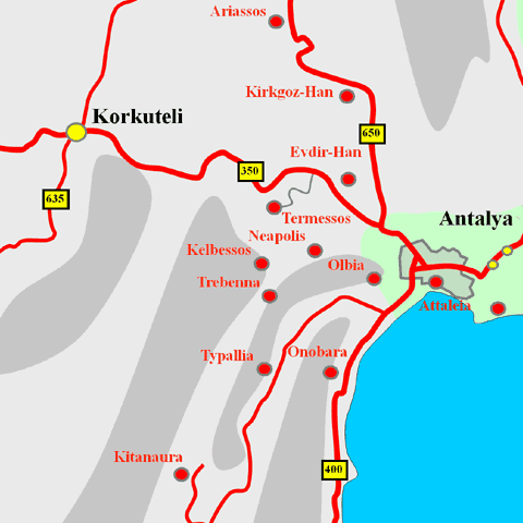 Anfahrtskarte von Kelbessos in Pisidien