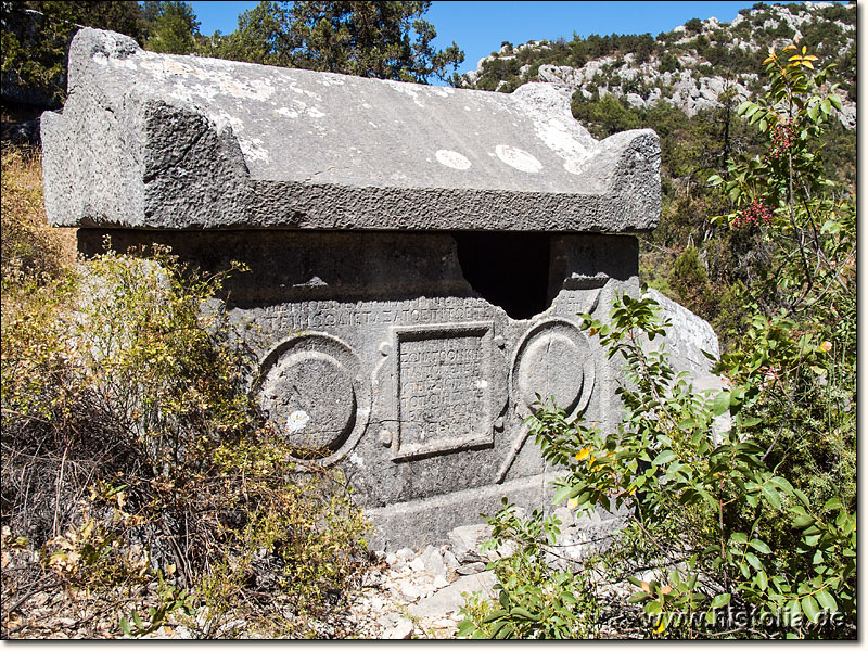 Termessos in Pisidien - Ein Sarkophag mit Inschrift und pisidischen Schilden in der Nekropole von Termessos