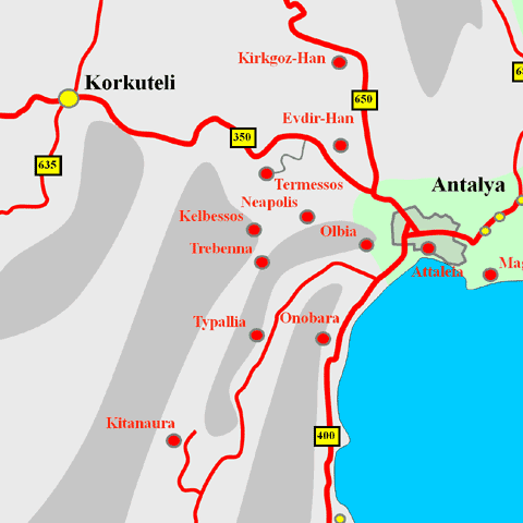 Anfahrtskarte von Trebenna in Pisidien